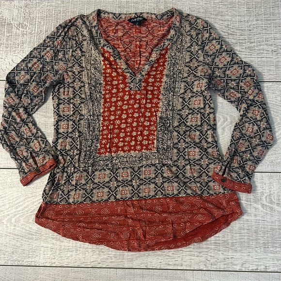 Lucky Brand Peasant Top Boho Mixed Print Border Blouse Lightweight - Picture 7 of 11